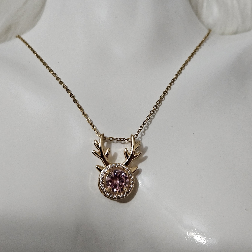Beautiful Stainless Steel Necklace With Deer Antler And Pink CZ Pendant